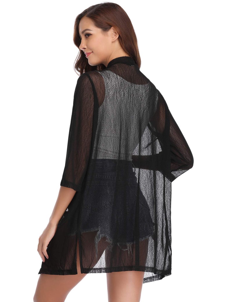 iClosam Women Casual 3/4 Sleeve Sheer Open Front Cardigan Sweater Kimono Black - Image 3
